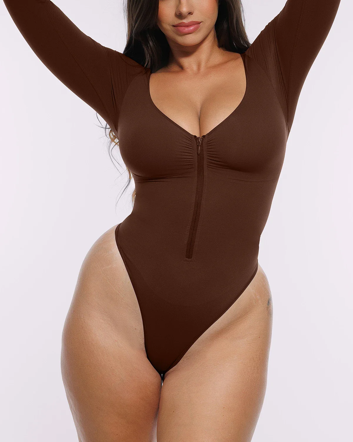 Bare Essentials™ Skin Flow Long Sleeve Zipper Front Thong Bodysuit - Image 5